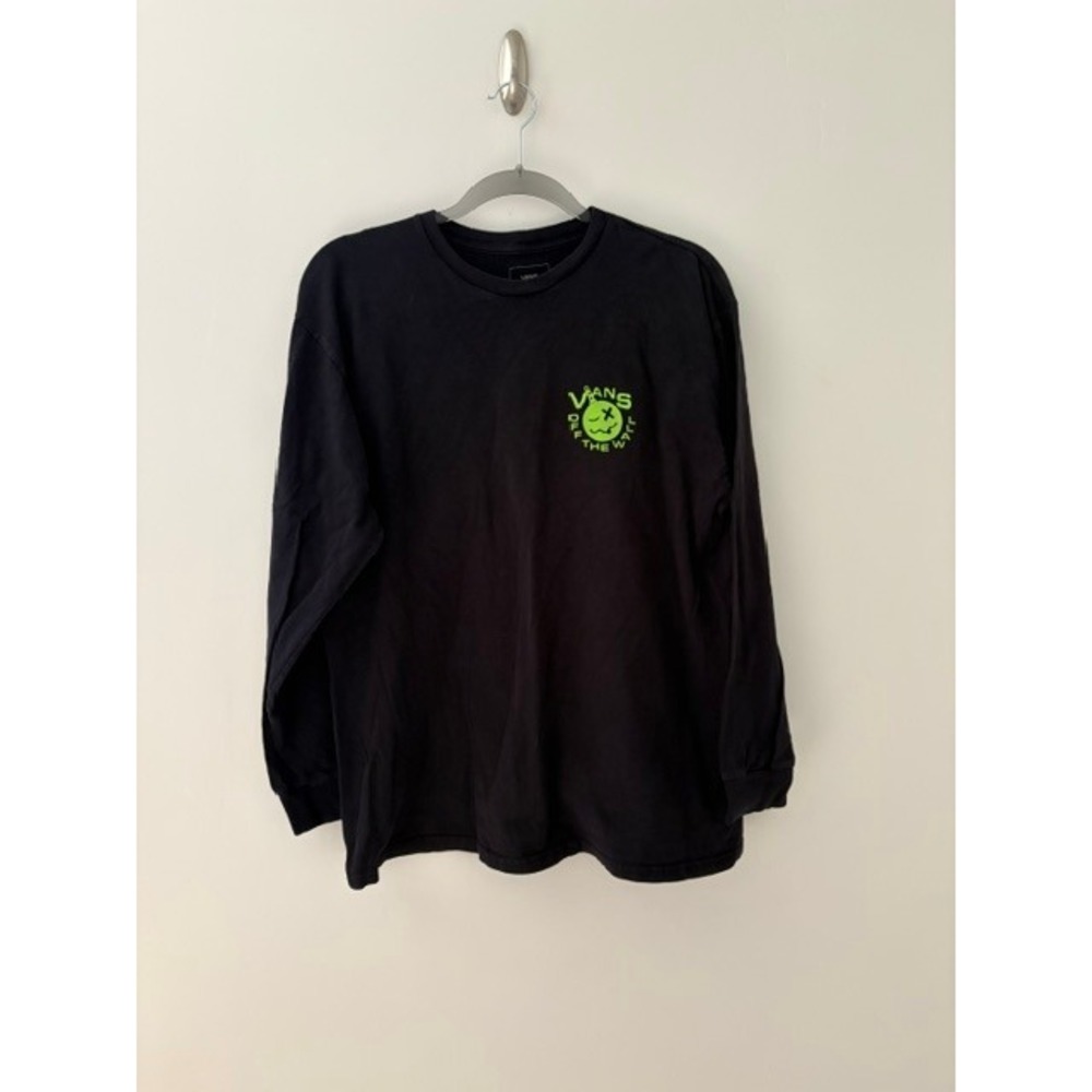 Vans Off The Wall Mens Large Black Neon Green Smiley Graphic Long Sleeve T-Shirt